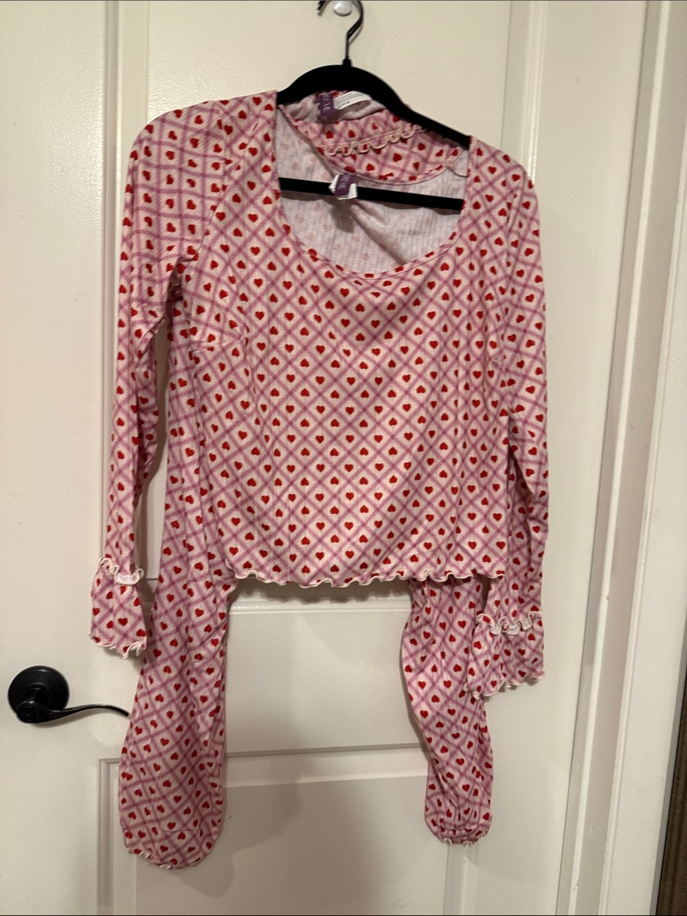 Adore Me Pink and Red Heart-Print Long Sleeve Pajama Top and bottoms set